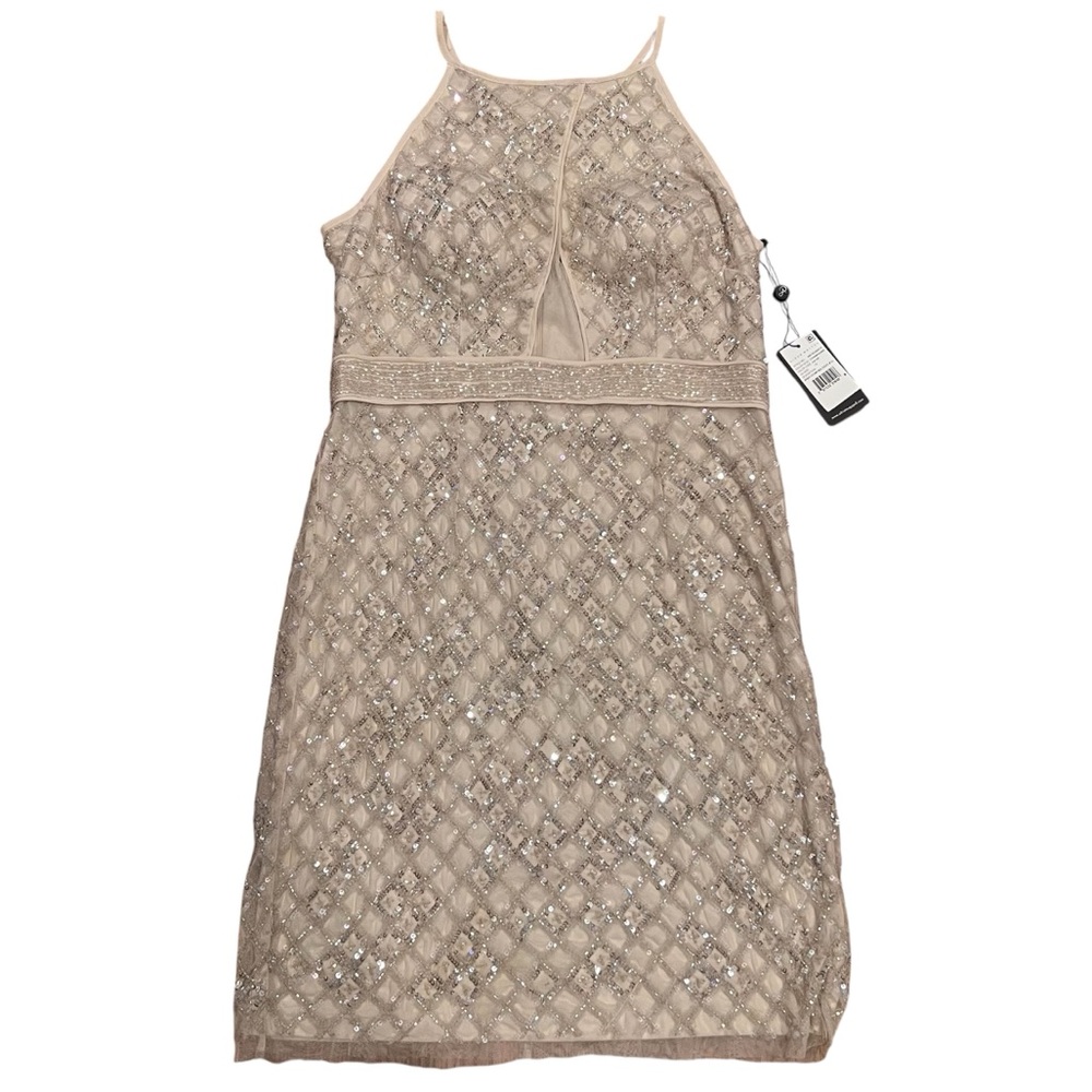 ✨ Aidan Mattox Champagne Beaded Cocktail Dress – New With Tags – Size 14 ✨